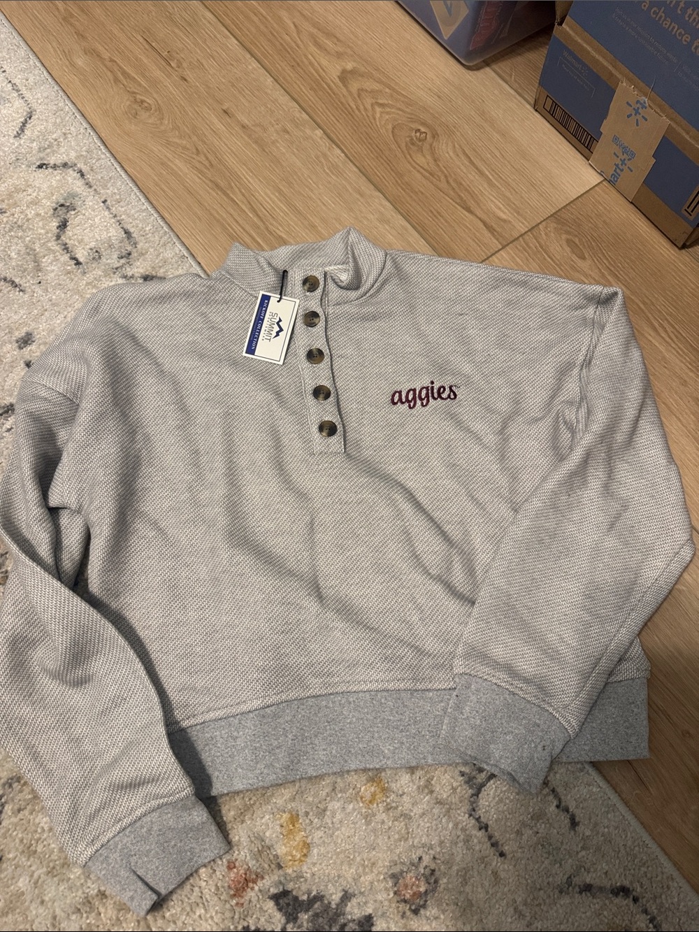 Women's Gray Crewneck Henley Sweatshirt with Embroidered 'aggies'